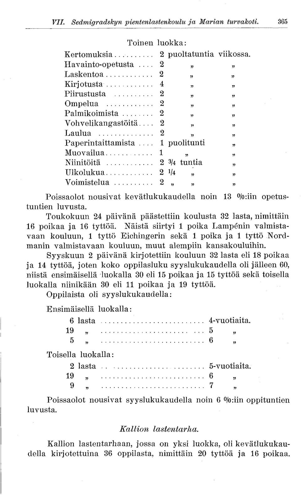 .. 1 puolitunti Muovailua 1 Niinitöitä 3 /4 tuntia Ulkolukua V4 Voimistelua Poissaolot nousivat kevätlukukaudella noin 13 /o:iin opetustuntien luvusta.
