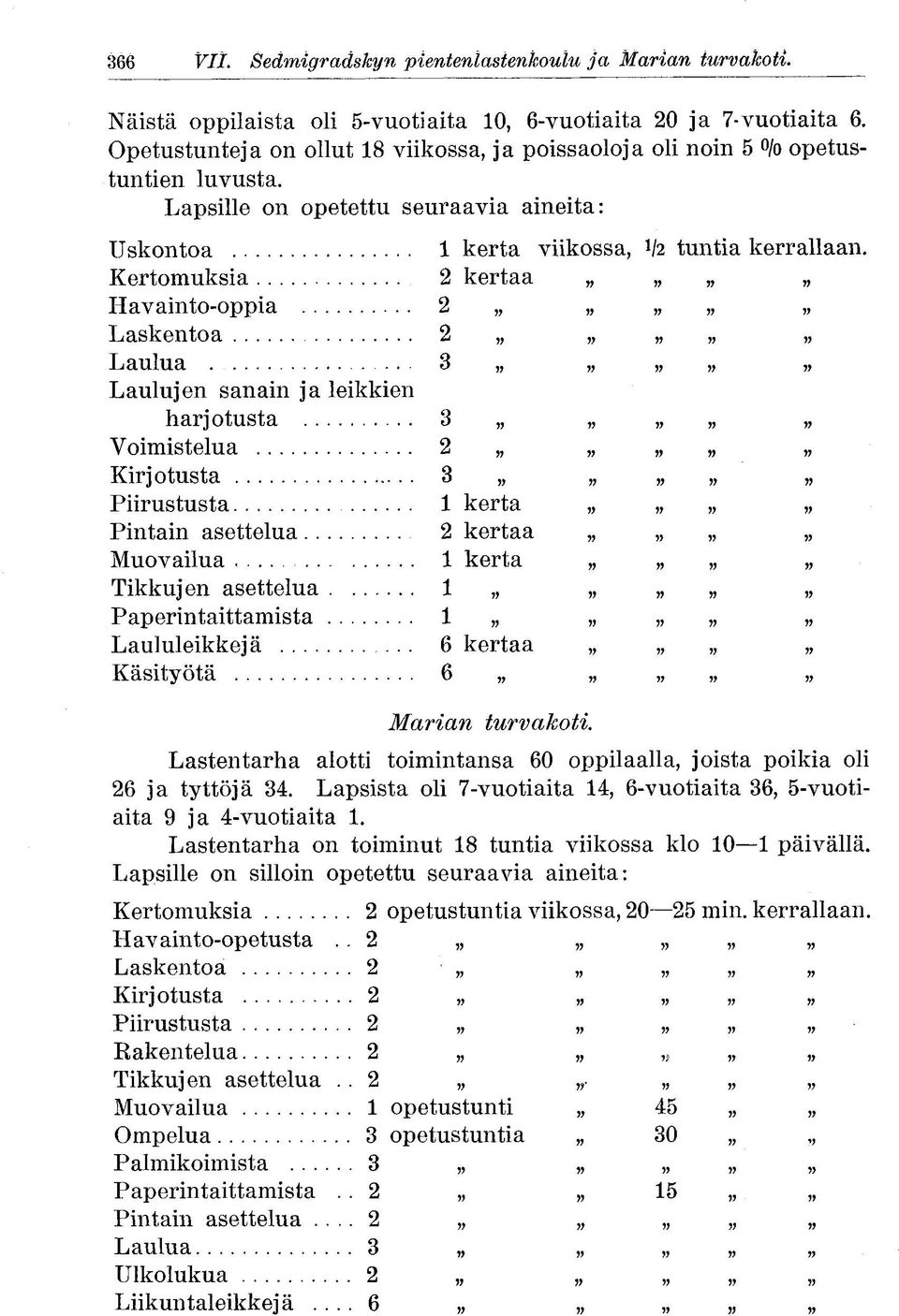 Kertomuksia kertaa Havainto-oppia Laskentoa Laulua 3 Laulujen sanain ja leikkien harj otusta 3 Voimistelua Kirjotusta 3 Piirustusta 1 kerta Pintain asettelua kertaa Muovailua 1 kerta Tikkujen