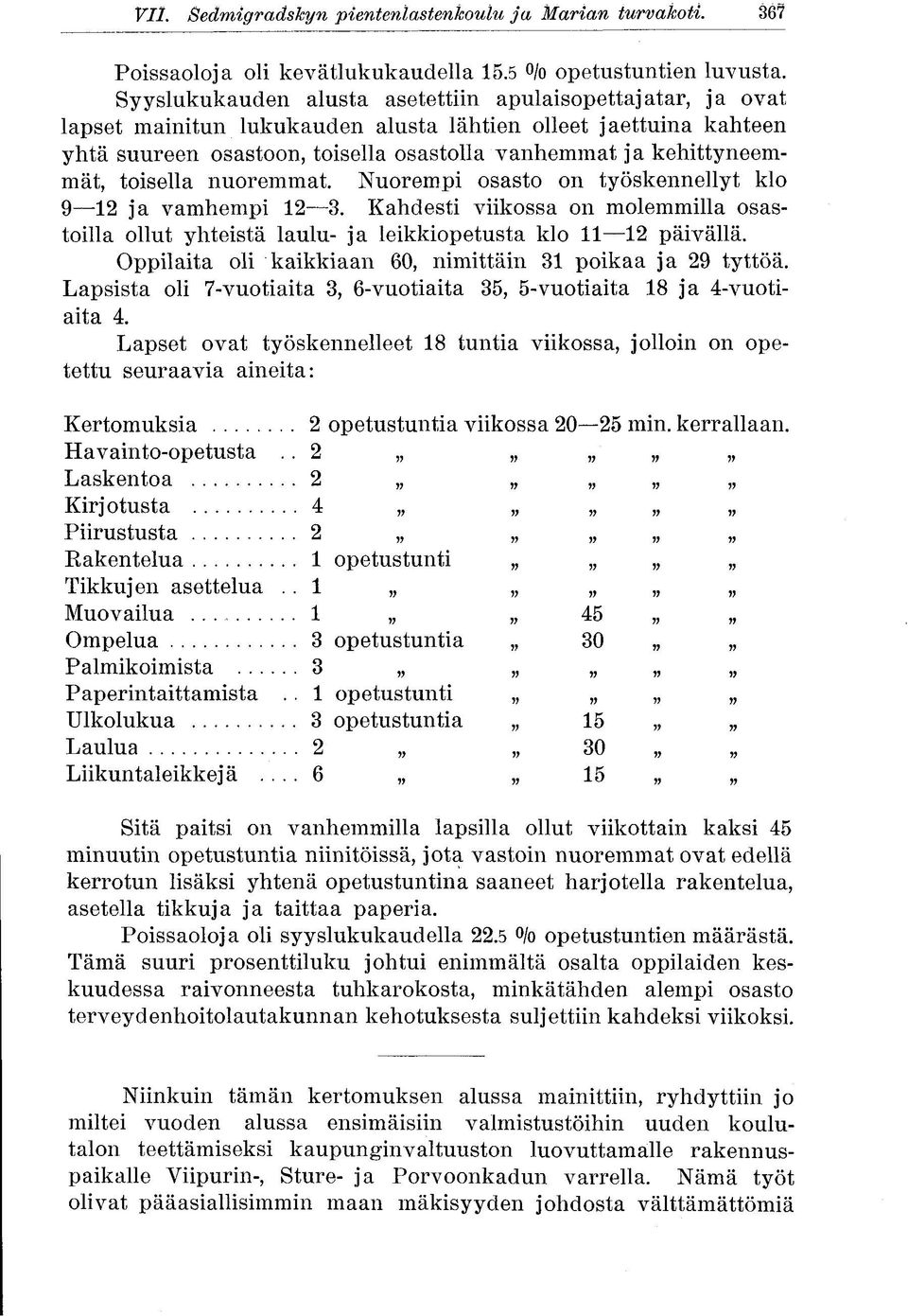 toisella nuoremmat. Nuorempi osasto on työskennellyt klo 9 1 ja vamhempi 1 3. Kahdesti viikossa on molemmilla osastoilla ollut yhteistä laulu- ja leikkiopetusta klo 11 1 päivällä.