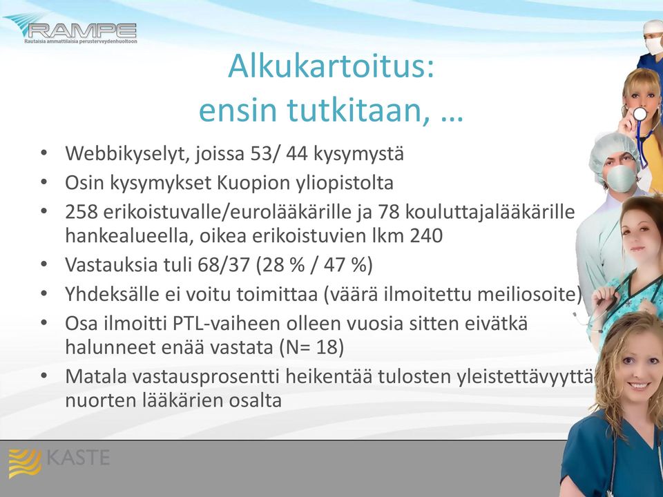 68/37 (28 % / 47 %) Yhdeksälle ei voitu toimittaa (väärä ilmoitettu meiliosoite) Osa ilmoitti PTL-vaiheen olleen vuosia