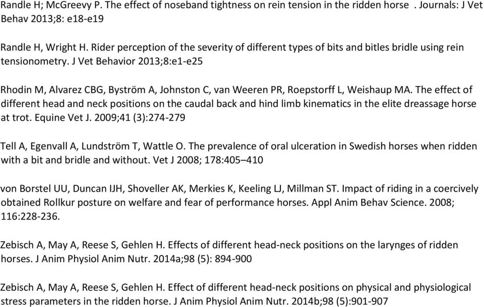 J Vet Behavior 2013;8:e1-e25 Rhodin M, Alvarez CBG, Byström A, Johnston C, van Weeren PR, Roepstorff L, Weishaup MA.