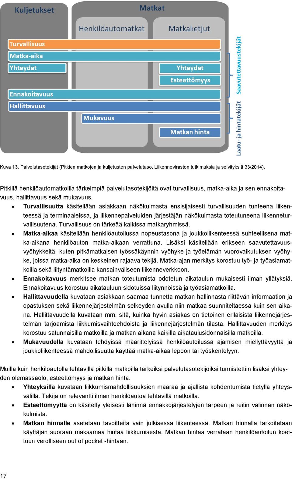 Turvallisuutta käsitellään asiakkaan näkökulmasta ensisijaisesti turvallisuuden tunteena liikenteessä ja terminaaleissa, ja liikennepalveluiden järjestäjän näkökulmasta toteutuneena