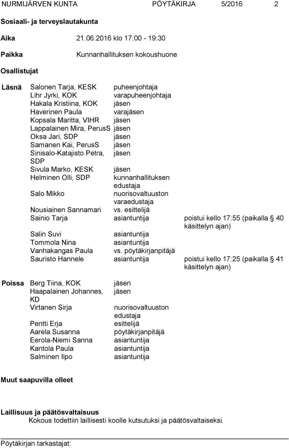 Kopsala Maritta, VIHR jäsen Lappalainen Mira, PerusS jäsen Oksa Jari, SDP jäsen Samanen Kai, PerusS jäsen Sinisalo-Katajisto Petra, jäsen SDP Sivula Marko, KESK jäsen Helminen Olli, SDP