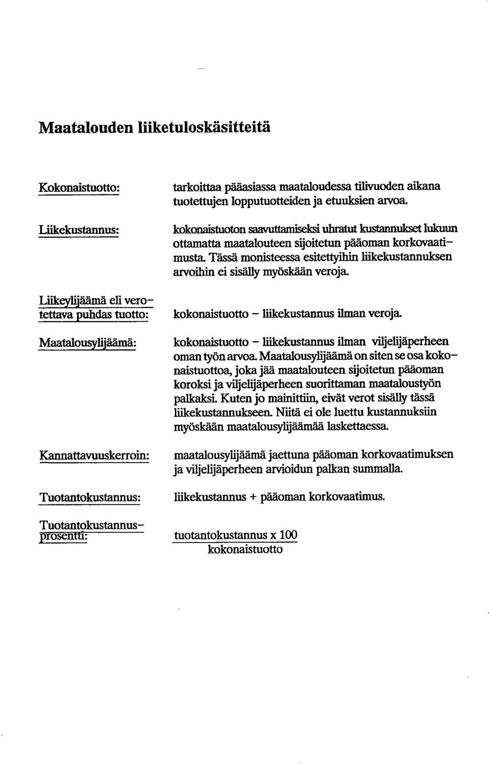 esitettyihin liikekustannuks arvoihin ei sisälly myöskään veroja kokonaistuotto - liikekustannus ilman veroja kokonaistuotto - liikekustannus ilman viljelijäperhe oman työn arvoa aatalousylijäämä on