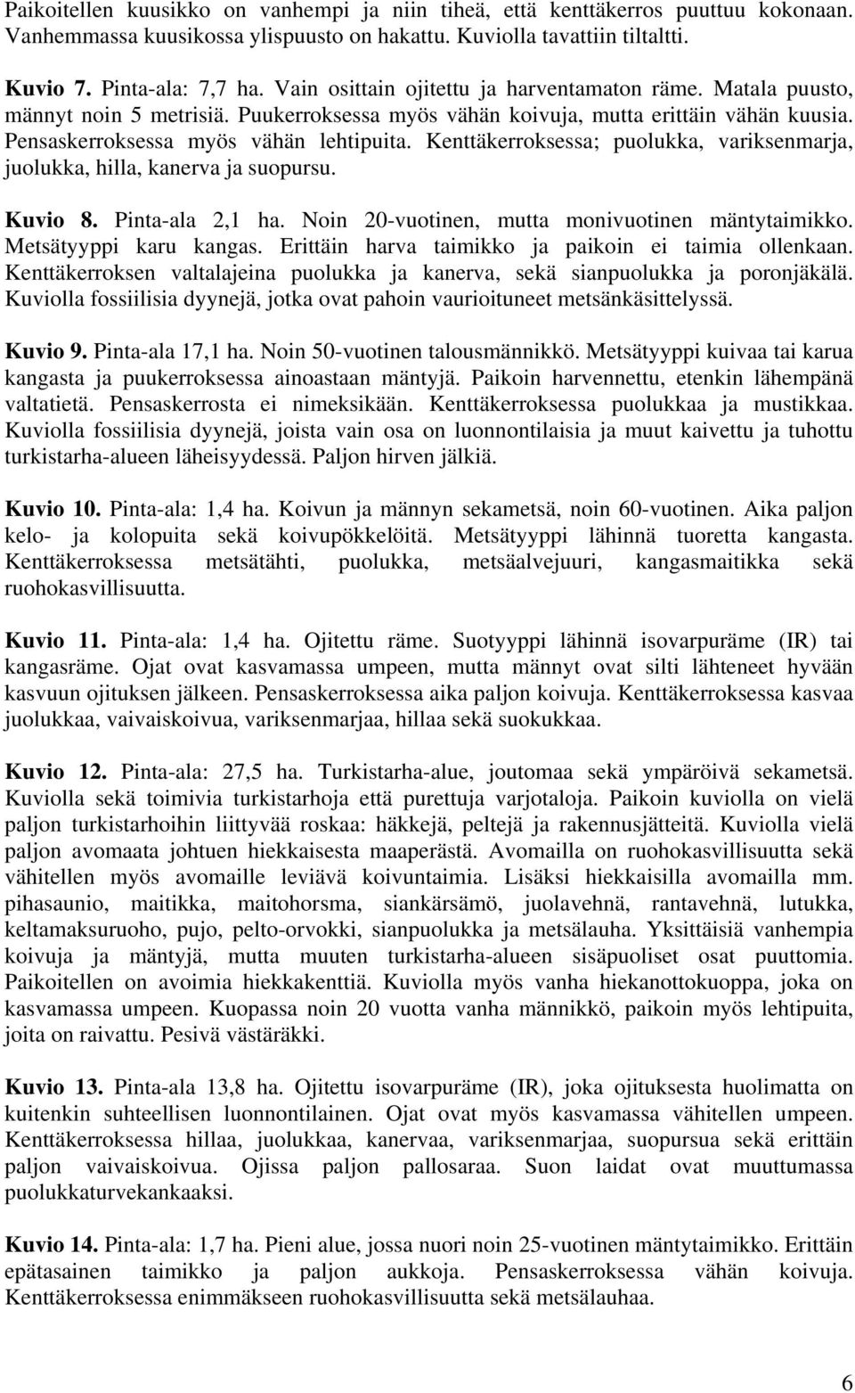 Kenttäkerroksessa; puolukka, variksenmarja, juolukka, hilla, kanerva ja suopursu. Kuvio 8. Pinta-ala 2,1 ha. Noin 20-vuotinen, mutta monivuotinen mäntytaimikko. Metsätyyppi karu kangas.