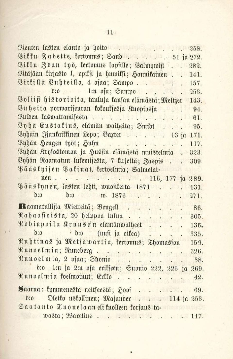 kansan elämästä;meltzer 143 94 Puheita porwariseuran kokouksessa Kuopiossa Puiden kaswattamisesta 61 Pyhä Eustatius, elämän waiheita; Smidt 95 Pyhäin Ijankaittinen Lepo; Baxter 13 ja 171 Pyhän Hengen