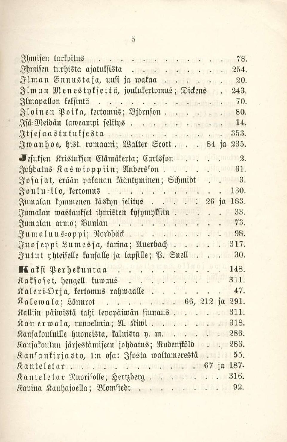 pakanan kääntyminen; Schmidt 3 Joulu-ilo, kertomus 130 Jumalan kymmenen käskyn selitys 26 ja 183 Jumalan wastaukset ihmisten kysymyksiin 33 Jumalan armo; Bunian 73 Jumaluus-oppi; Nordbäck 98 luoseppi