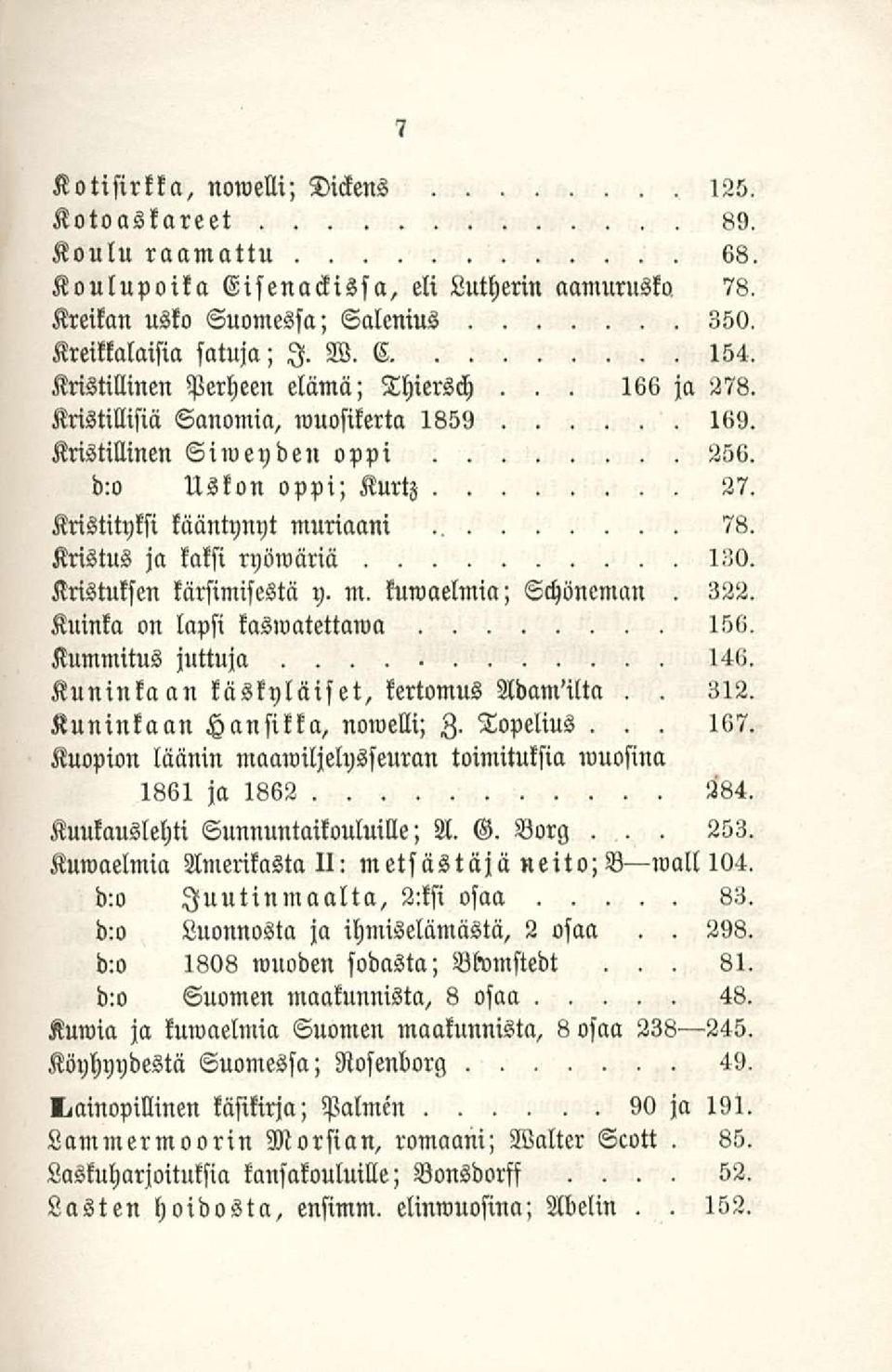ryöwäriä 78 130 Kristuksen kärsimisestä y m kuwaelmia; Schoneman 322 Kuinka on lapsi kaswatettawa 156 Kummitus juttuja 146 Kuninkaan käskyläiset, kertomus Adam'ilta 312 Kuninkaan Hansilla, nowelli; Z