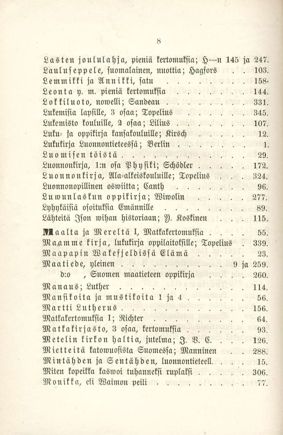 1:n osa Phnsili; Schödler 172 Luonnonkirja, Ala-alkeiskouluille; Topelius 324 Luonnonopillinen oswiitta; Canth 96 Luwunlaslun oppikirja; Wiwolin 277 Lyhykäisiä osoituksia Emännille 89 Lähteitä Ison