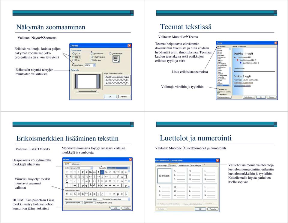 Teemaan kuuluu taustakuva sekä otsikkojen erilaiset tyylit ja värit Lista erilaisista teemoista Valintoja väreihin ja tyyleihin Erikoismerkkien lisääminen tekstiin Luettelot ja numerointi Valitaan