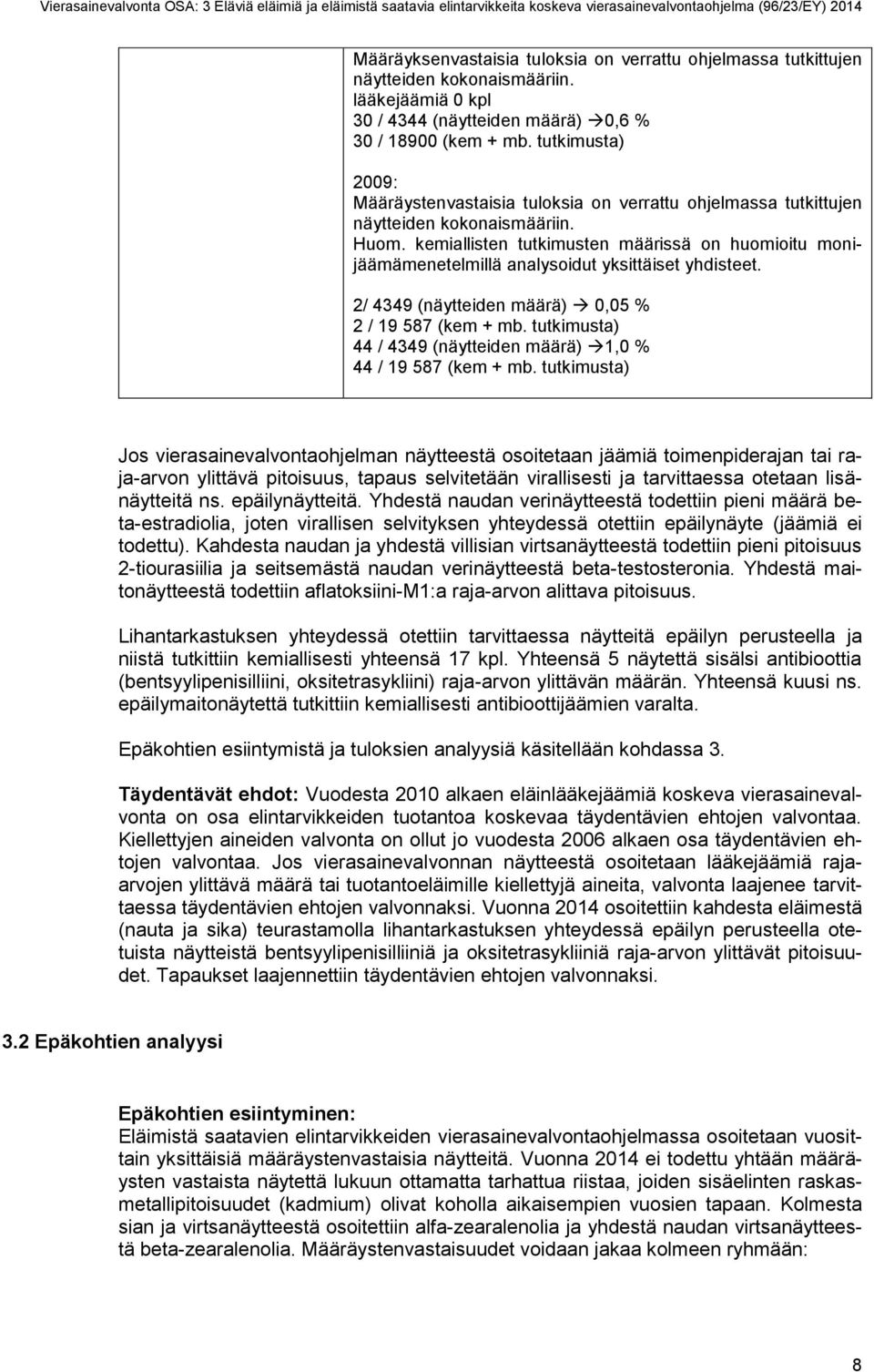 kemiallisten tutkimusten määrissä on huomioitu monijäämämenetelmillä analysoidut yksittäiset yhdisteet. 2/ 4349 (näytteiden määrä) 0,05 % 2 / 19 587 (kem + mb.