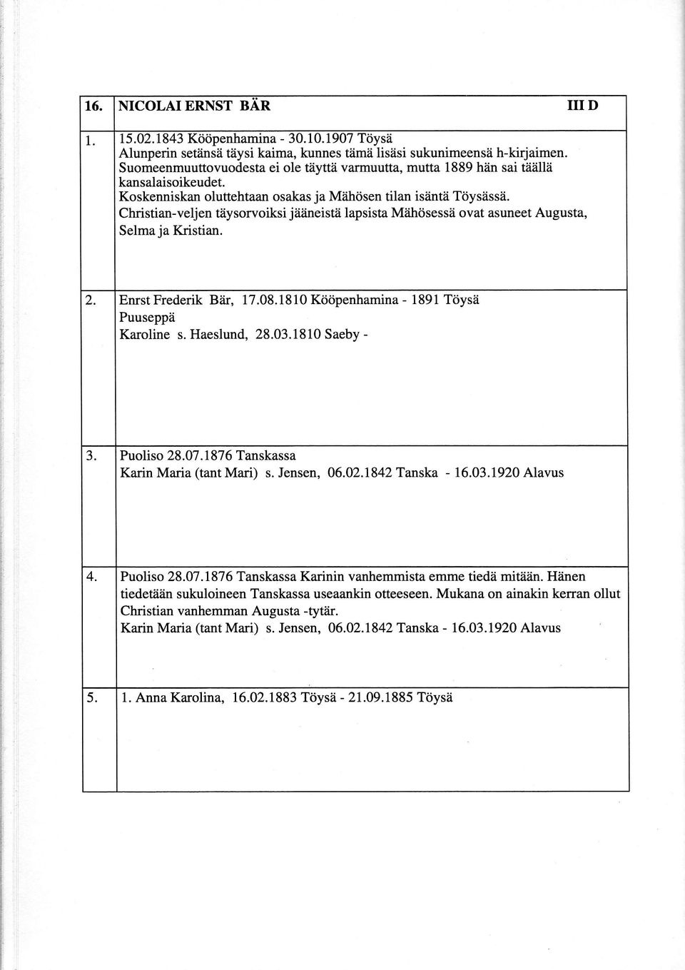 Christian-veljen tiiysorvoiksi jiiiineist?i lapsista Mlihdsessii ovat asuneet Augusta, Selma ja Kristian. 2. Enrst Frederik B:ir, 17.08. 1810 Kiiiipenhamina - 1891 Ttiysii Puuseppii Karoline s.