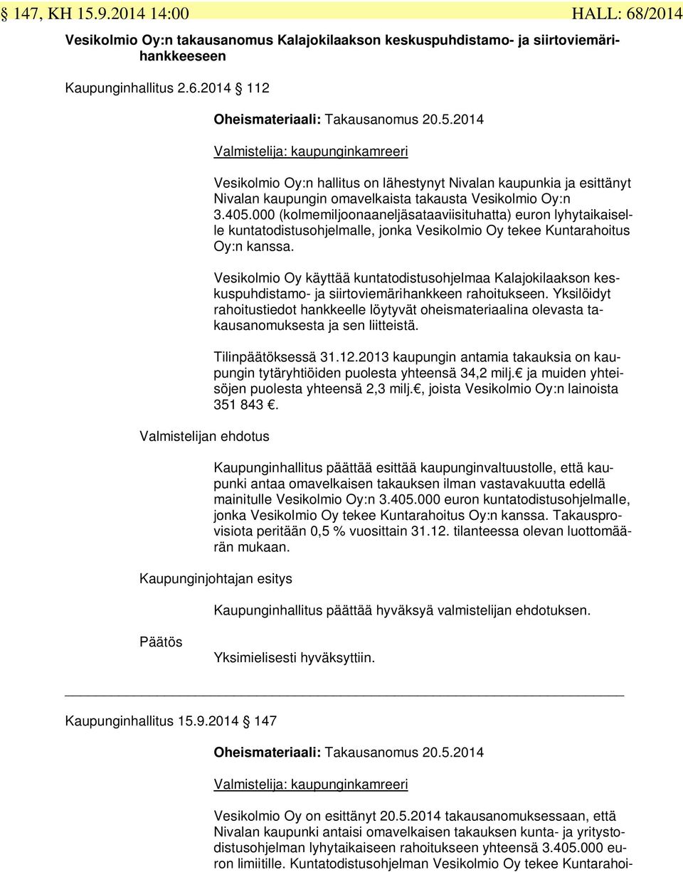 2014 Valmistelija: kaupunginkamreeri Vesikolmio Oy:n hallitus on lähestynyt Nivalan kaupunkia ja esittänyt Nivalan kaupungin omavelkaista takausta Vesikolmio Oy:n 3.405.