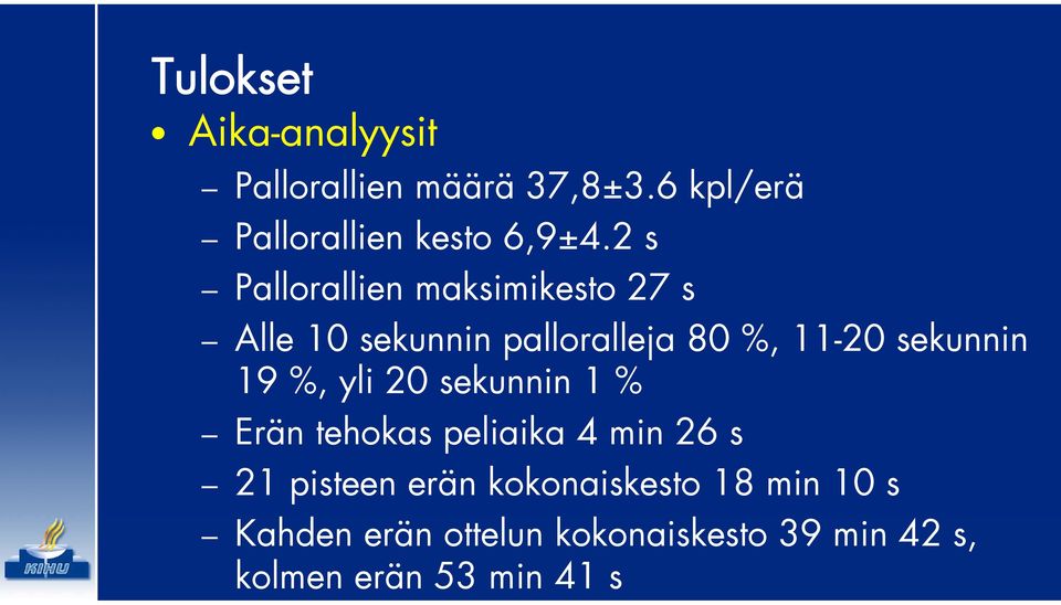 19 %, yli 20 sekunnin 1 % Erän tehokas peliaika 4 min 26 s 21 pisteen erän