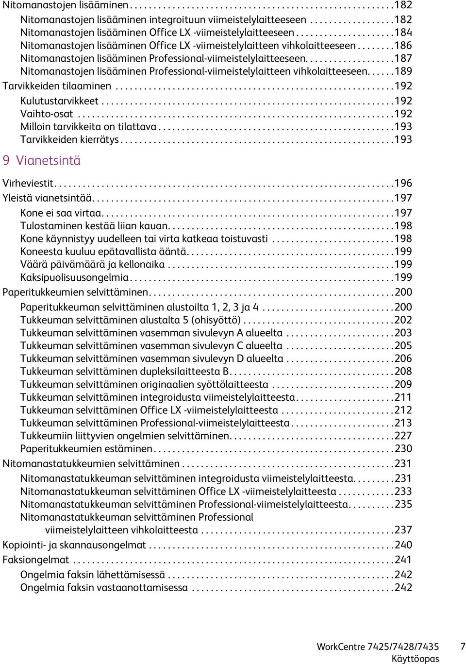 .......186 Nitomanastojen lisääminen Professional-viimeistelylaitteeseen...................187 Nitomanastojen lisääminen Professional-viimeistelylaitteen vihkolaitteeseen......189 Tarvikkeiden tilaaminen.