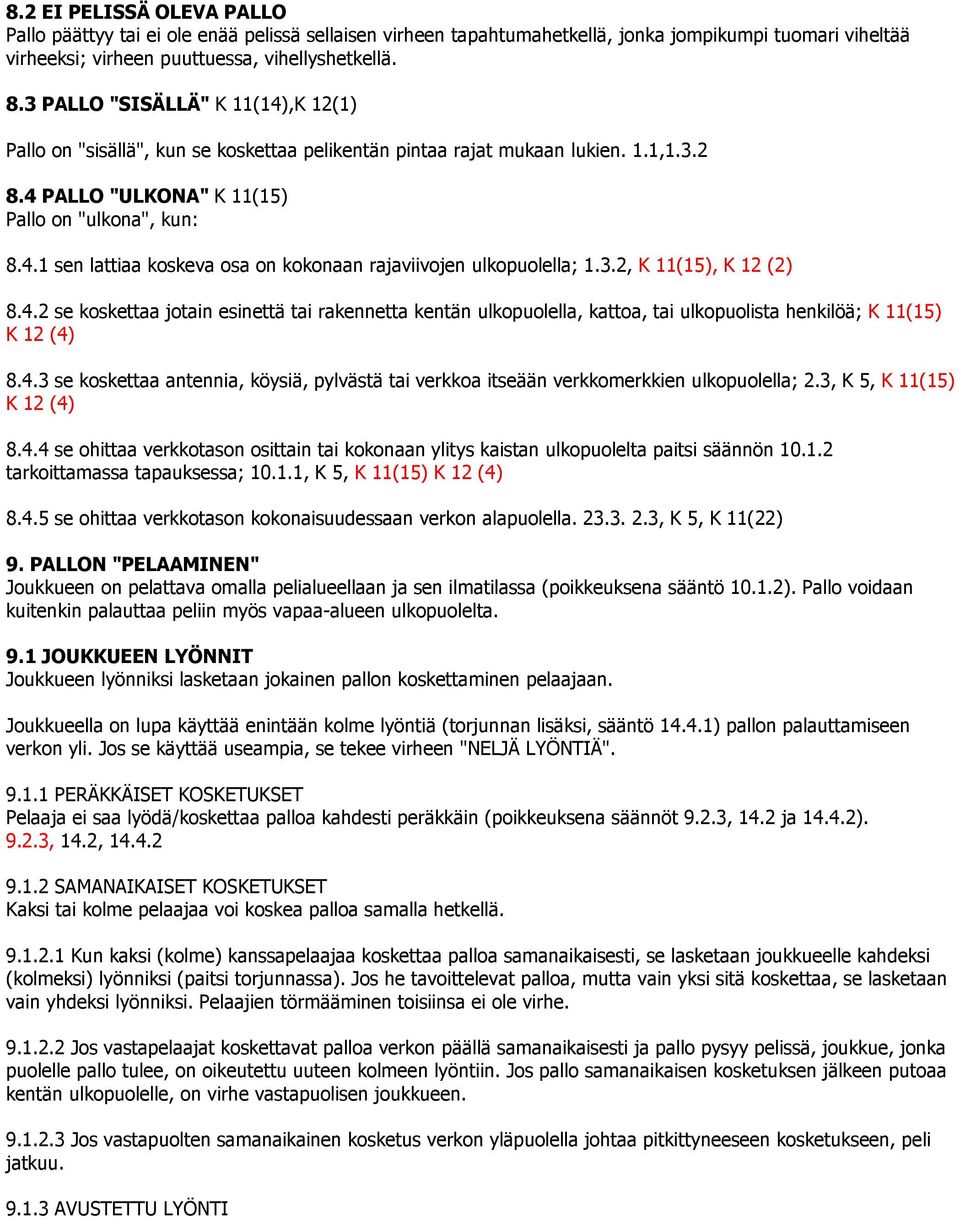 3.2, K 11(15), K 12 (2) 8.4.2 se koskettaa jotain esinettä tai rakennetta kentän ulkopuolella, kattoa, tai ulkopuolista henkilöä; K 11(15) K 12 (4) 8.4.3 se koskettaa antennia, köysiä, pylvästä tai verkkoa itseään verkkomerkkien ulkopuolella; 2.