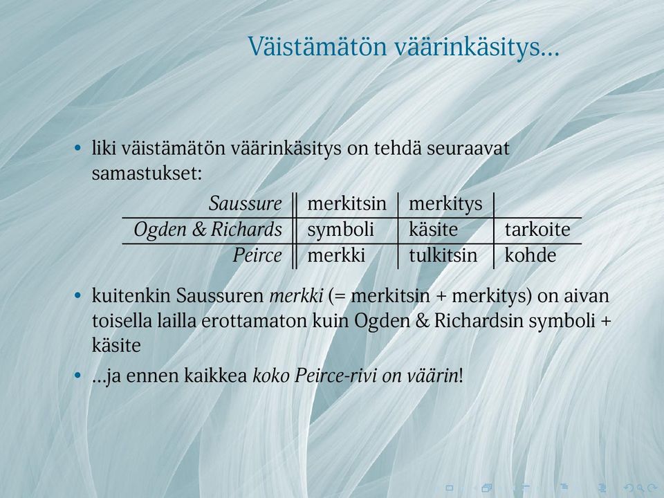 tulkitsin kohde kuitenkin Saussuren merkki (= merkitsin + merkitys) on aivan toisella
