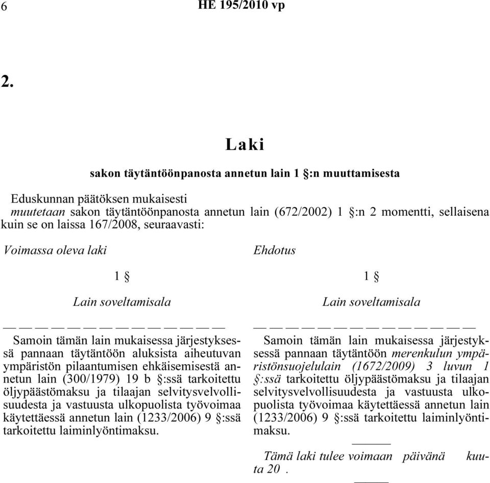 laki Ehdotus 1 Lain soveltamisala Samoin tämän lain mukaisessa järjestyksessä pannaan täytäntöön aluksista aiheutuvan ympäristön pilaantumisen ehkäisemisestä annetun lain (300/1979) 19 b :ssä