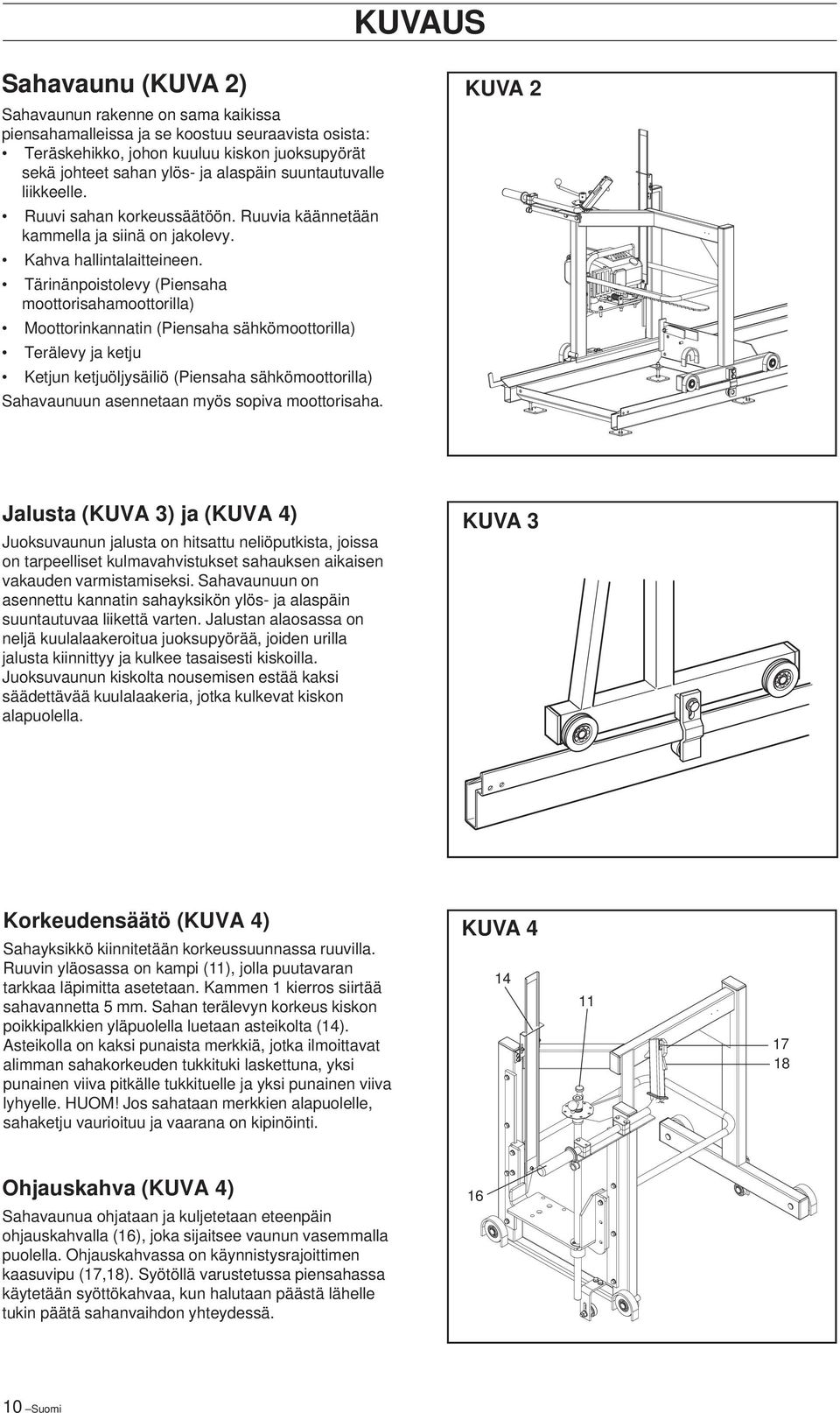 Tärinänpoistolevy (Piensaha moottorisahamoottorilla) Moottorinkannatin (Piensaha sähkömoottorilla) Terälevy ja ketju Ketjun ketjuöljysäiliö (Piensaha sähkömoottorilla) Sahavaunuun asennetaan myös