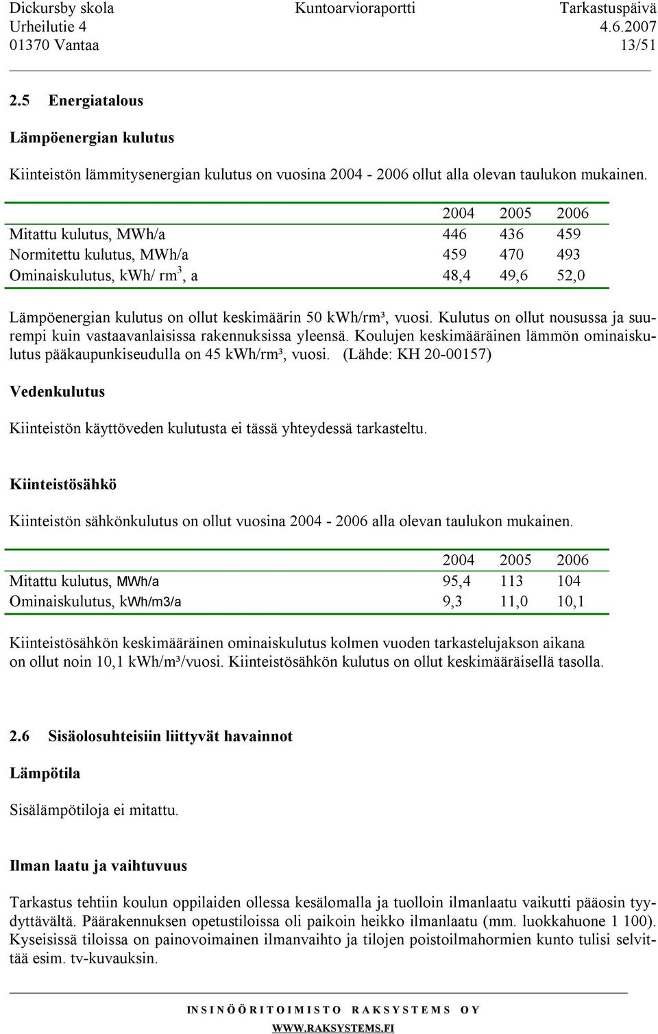 Kulutus on ollut nousussa ja suurempi kuin vastaavanlaisissa rakennuksissa yleensä. Koulujen keskimääräinen lämmön ominaiskulutus pääkaupunkiseudulla on 45 kwh/rm³, vuosi.