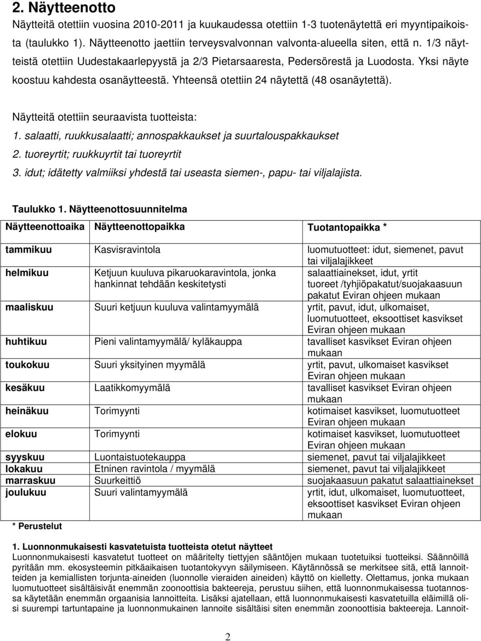 Näytteitä otettiin seuraavista tuotteista: 1. salaatti, ruukkusalaatti; annospakkaukset ja suurtalouspakkaukset 2. tuoreyrtit; ruukkuyrtit tai tuoreyrtit 3.