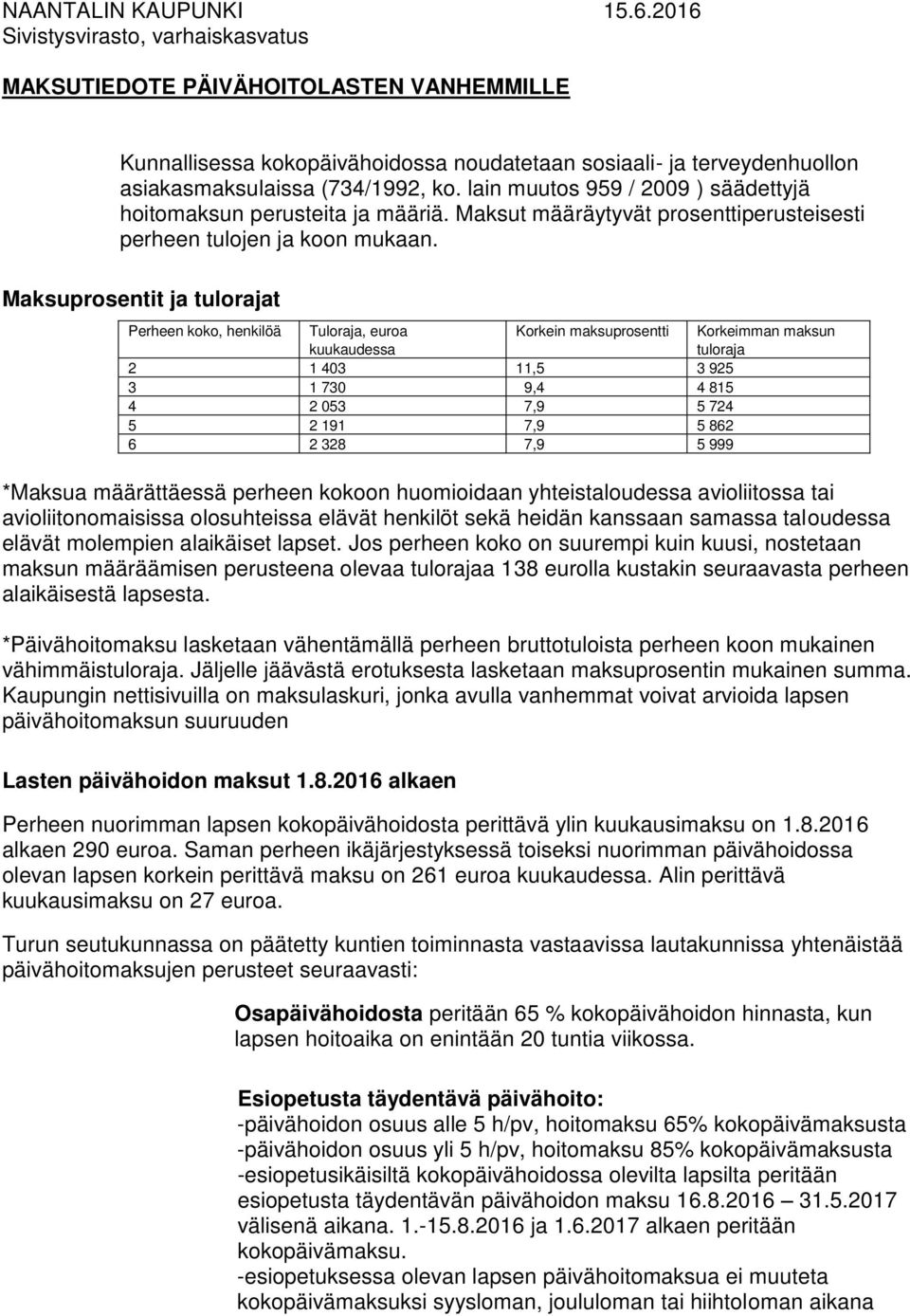 lain muutos 959 / 2009 ) säädettyjä hoitomaksun perusteita ja määriä. Maksut määräytyvät prosenttiperusteisesti perheen tulojen ja koon mukaan.