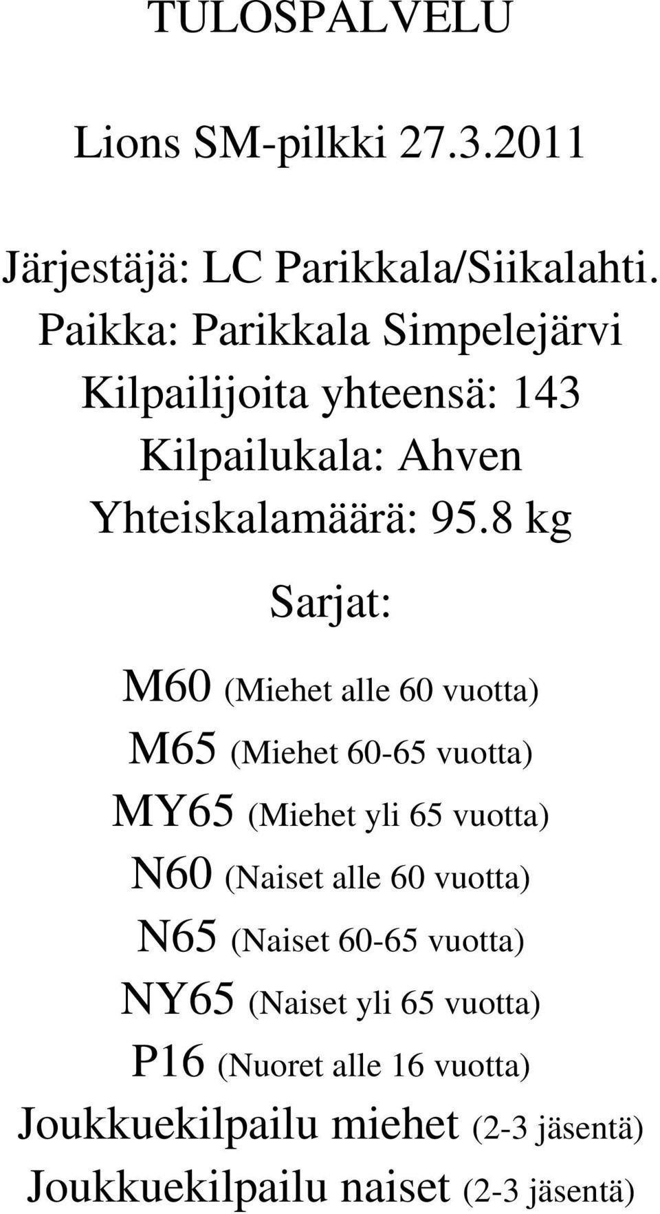 8 kg Sarjat: M60 (Miehet alle 60 vuotta) M65 (Miehet 60-65 vuotta) MY65 (Miehet yli 65 vuotta) N60 (Naiset alle