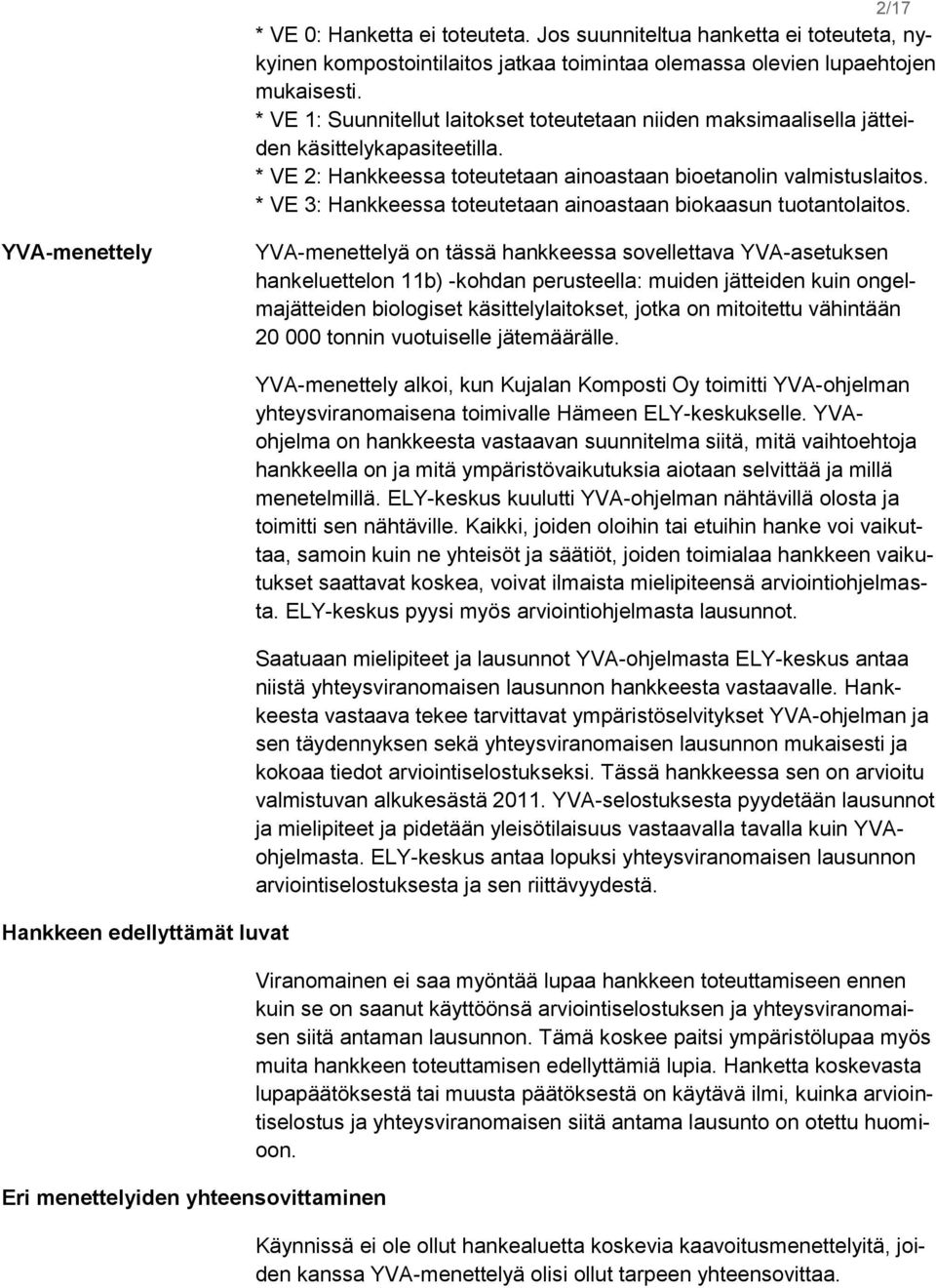 * VE 3: Hankkeessa toteutetaan ainoastaan biokaasun tuotantolaitos.