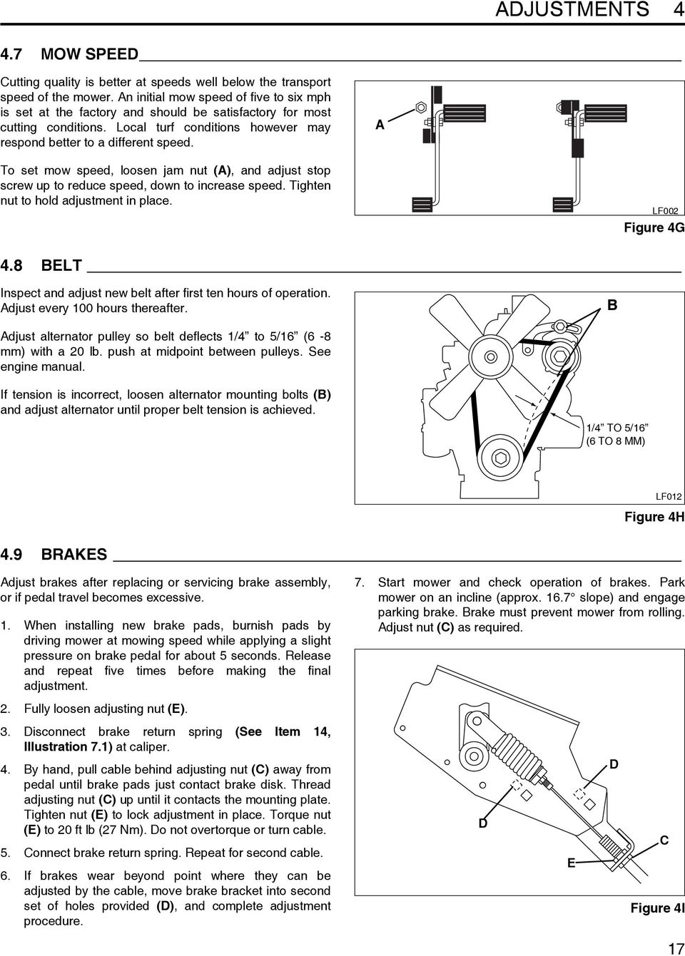 A To set mow speed, loosen jam nut (A), and adjust stop screw up to reduce speed, down to increase speed. Tighten nut to hold adjustment in place. LF002 Figure 4G 4.