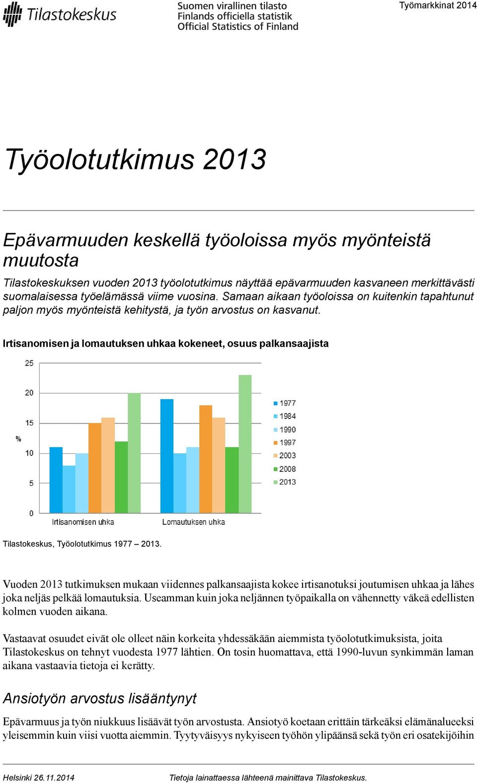 Irtisanomisen ja lomautuksen uhkaa kokeneet, osuus palkansaajista Tilastokeskus, Työolotutkimus 1977 2013.
