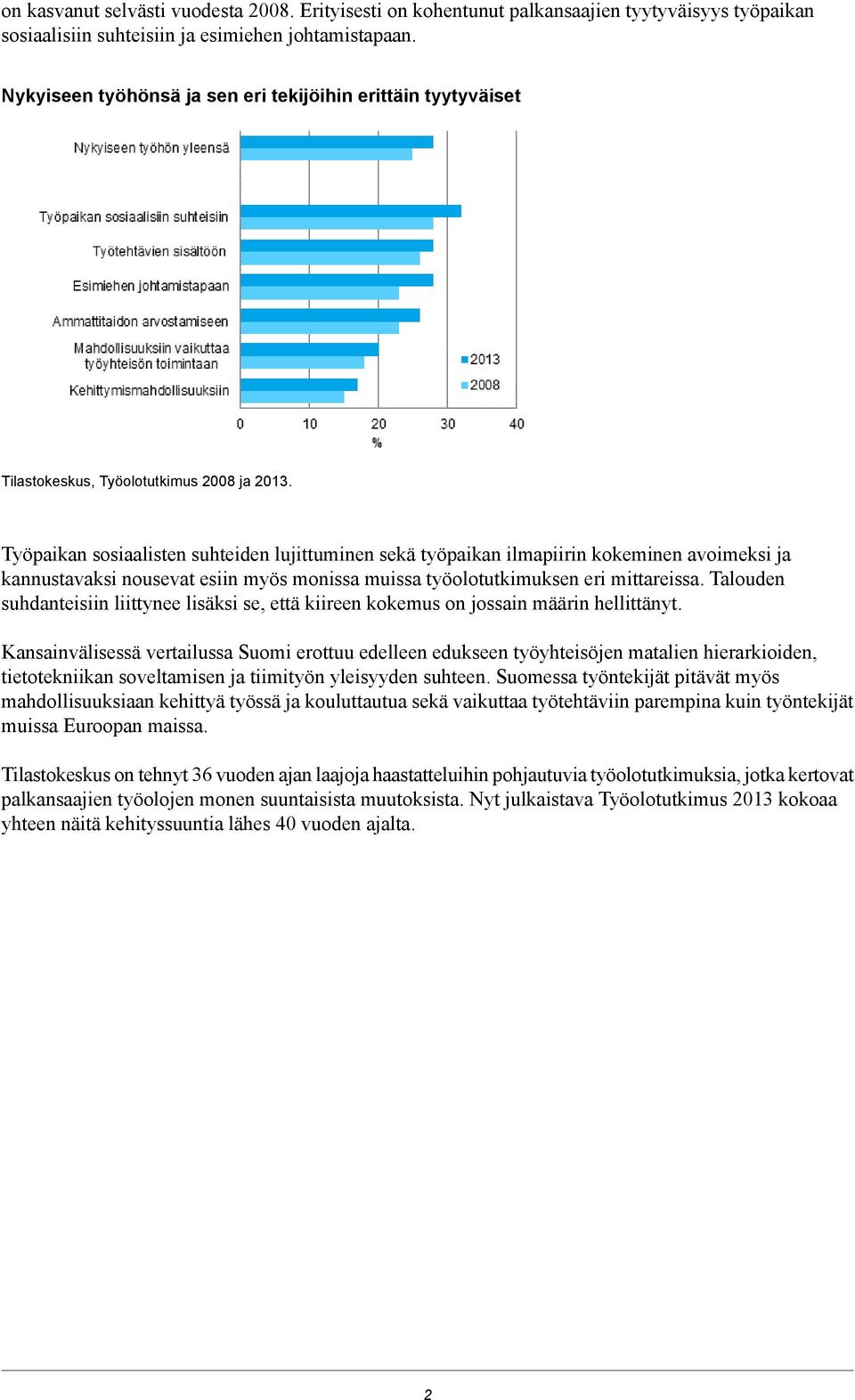 Työpaikan sosiaalisten suhteiden lujittuminen sekä työpaikan ilmapiirin kokeminen avoimeksi ja kannustavaksi nousevat esiin myös monissa muissa työolotutkimuksen eri mittareissa.