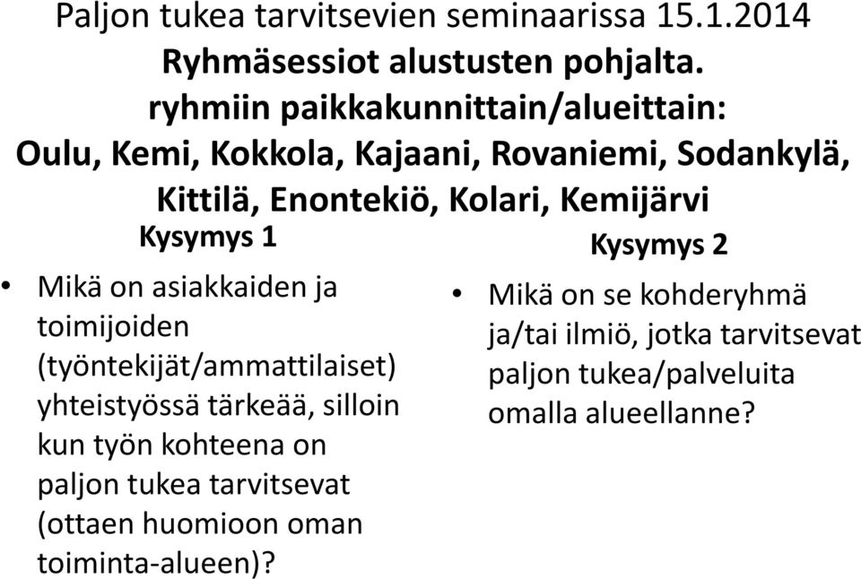 Kysymys 1 Mikä on asiakkaiden ja toimijoiden (työntekijät/ammattilaiset) yhteistyössä tärkeää, silloin kun työn kohteena on