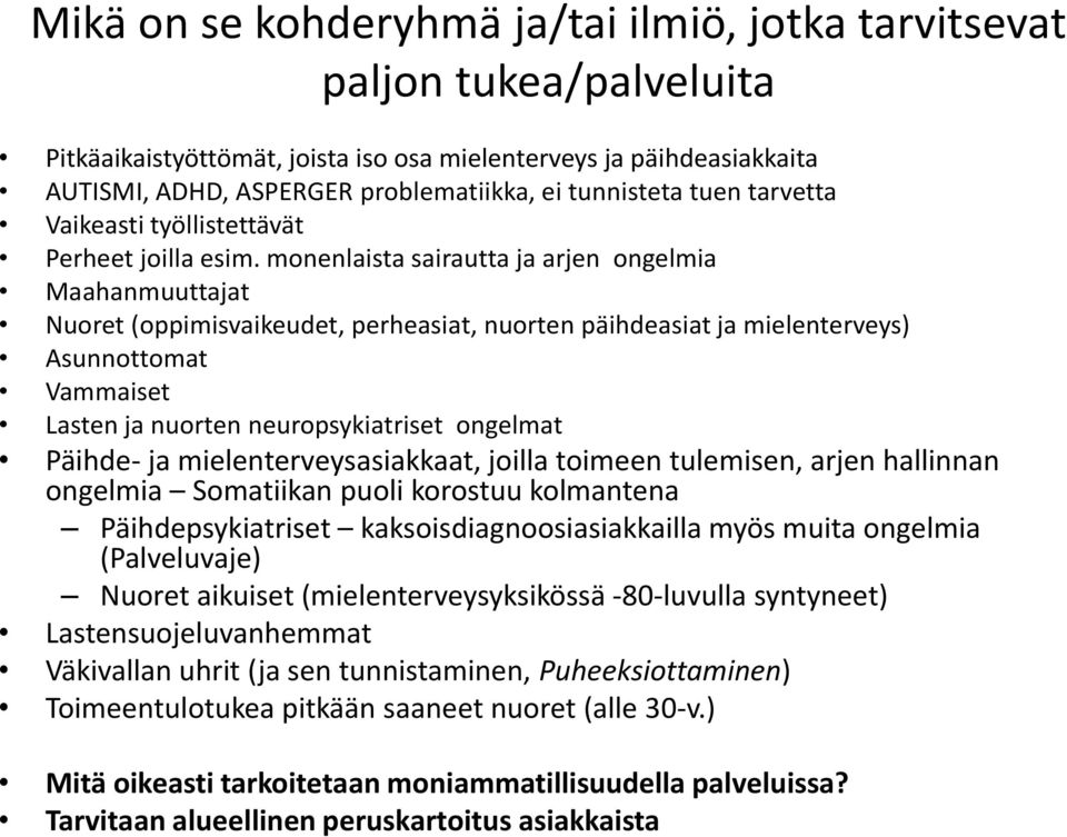 monenlaista sairautta ja arjen ongelmia Maahanmuuttajat Nuoret (oppimisvaikeudet, perheasiat, nuorten päihdeasiat ja mielenterveys) Asunnottomat Vammaiset Lasten ja nuorten neuropsykiatriset ongelmat