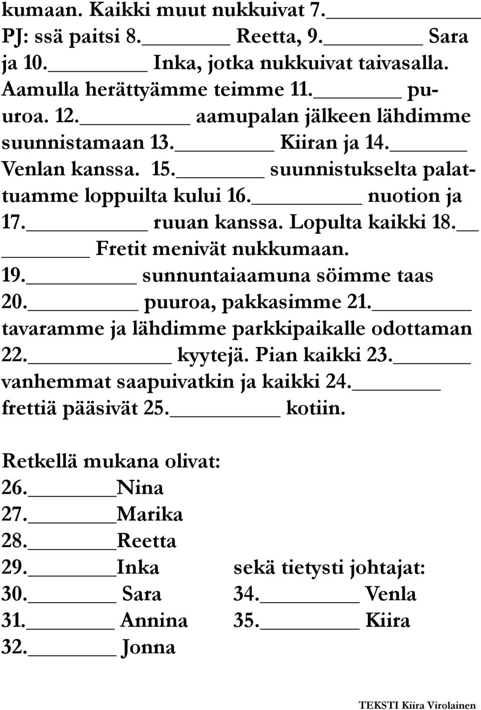 Fretit menivät nukkumaan. 19. sunnuntaiaamuna söimme taas 20. puuroa, pakkasimme 21. tavaramme ja lähdimme parkkipaikalle odottaman 22. kyytejä. Pian kaikki 23.