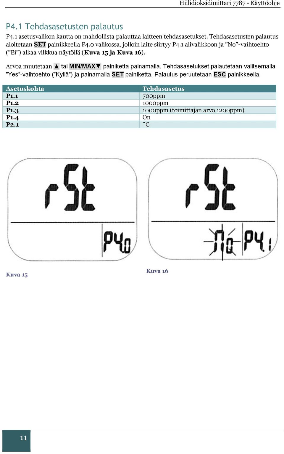 1 alivalikkoon ja No -vaihtoehto ( Ei ) alkaa vilkkua näytöllä (Kuva 15 ja Kuva 16). Arvoa muutetaan tai MIN/MAX painiketta painamalla.