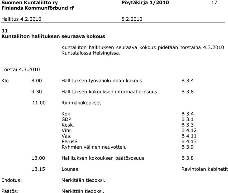 30 Hallituksen kokouksen informaatio-osuus B 3.8 11.00 Ryhmäkokoukset Kok. B 3.4 SDP B 3.1 Kesk. B 3.3 Vihr. B 4.12 Vas. B 4.11 PerusS B 4.