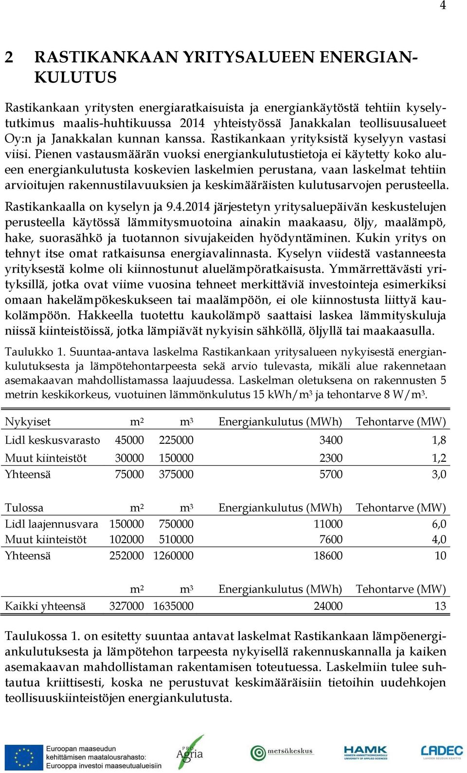 Pienen vastausmäärän vuoksi energiankulutustietoja ei käytetty koko alueen energiankulutusta koskevien laskelmien perustana, vaan laskelmat tehtiin arvioitujen rakennustilavuuksien ja keskimääräisten