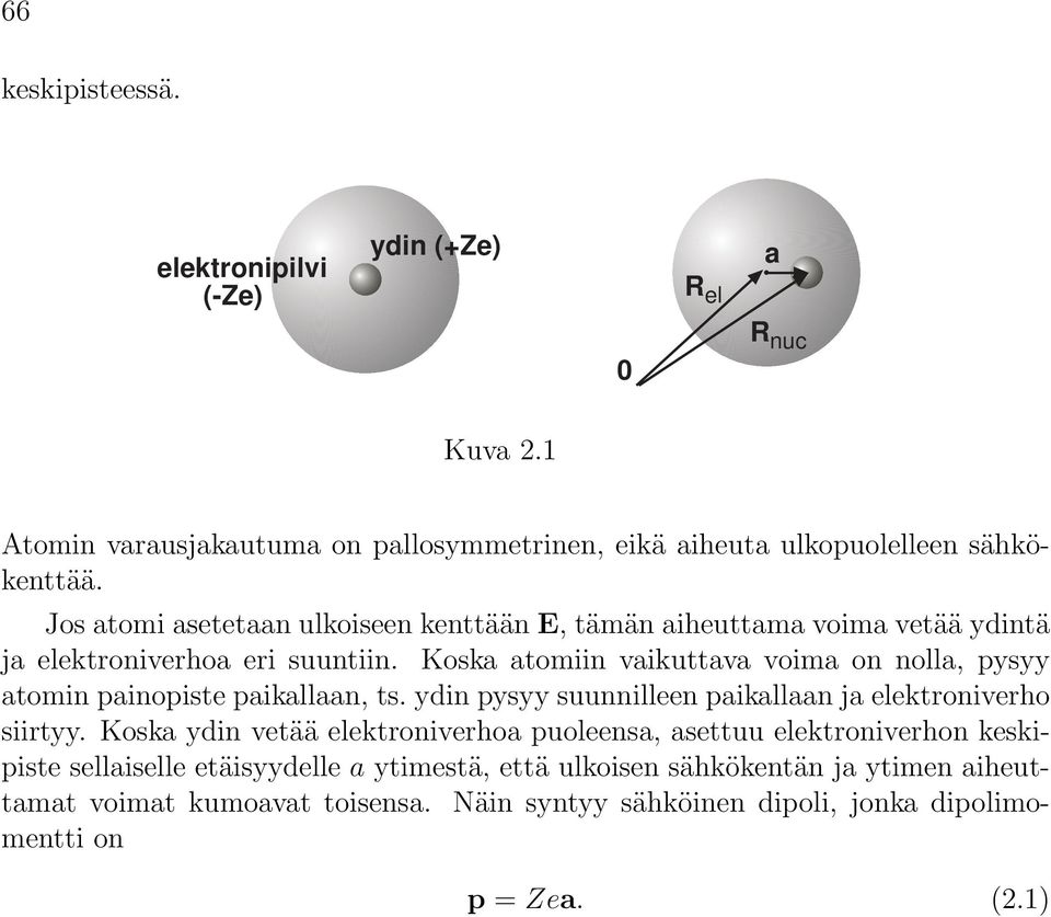 Koska atomiin vaikuttava voima on nolla, pysyy atomin painopiste paikallaan, ts. ydin pysyy suunnilleen paikallaan ja elektroniverho siirtyy.