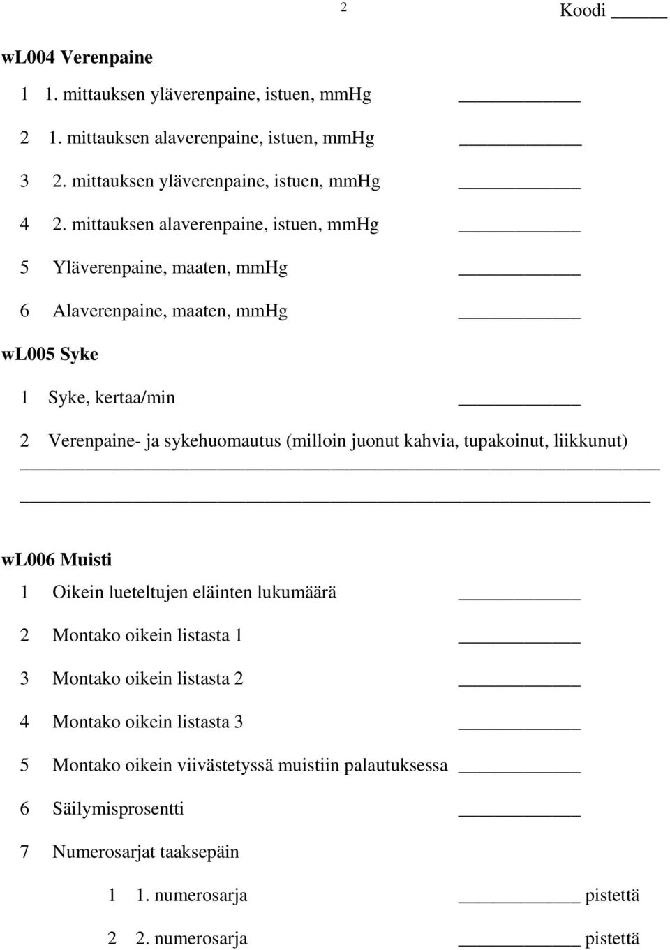 (milloin juonut kahvia, tupakoinut, liikkunut) wl006 Muisti 1 Oikein lueteltujen eläinten lukumäärä 2 Montako oikein listasta 1 3 Montako oikein listasta 2 4