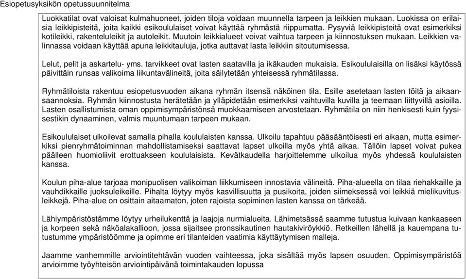 Muutoin leikkialueet voivat vaihtua tarpeen ja kiinnostuksen mukaan. Leikkien valinnassa voidaan käyttää apuna leikkitauluja, jotka auttavat lasta leikkiin sitoutumisessa.
