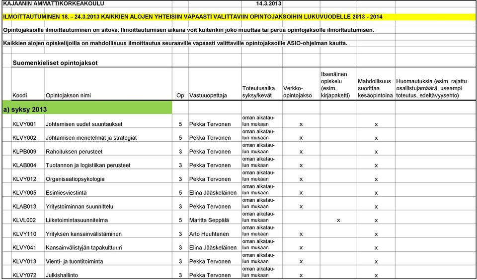 Kaikkien alojen opiskelijoilla on mahdollisuus ilmoittautua seuraaville vapaasti valittaville opintojaksoille ASIO-ohjelman kautta.