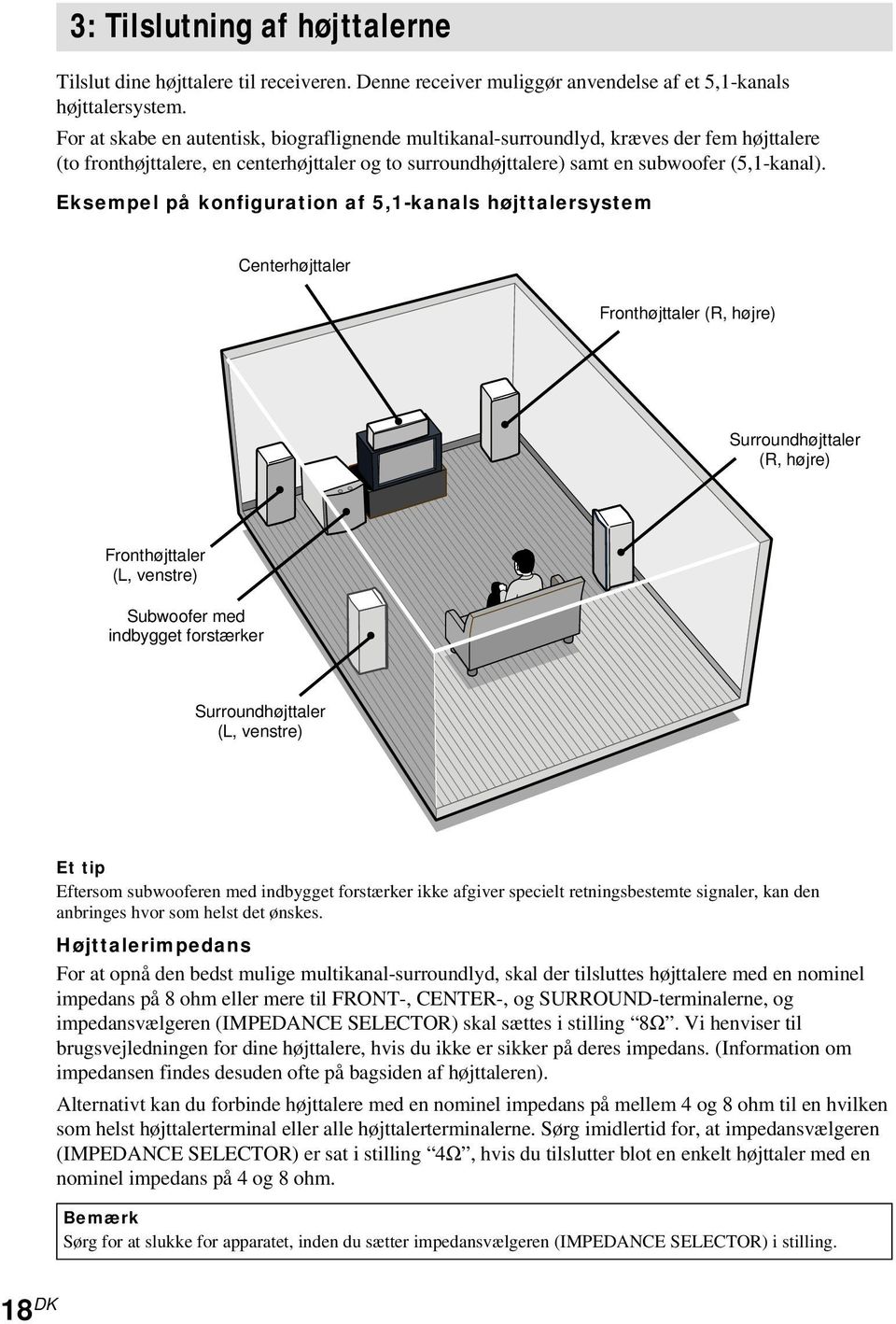 Eksempel på konfiguration af 5,1-kanals højttalersystem Centerhøjttaler Fronthøjttaler (, højre) Surroundhøjttaler (, højre) Fronthøjttaler (, venstre) Subwoofer med indbygget forstærker