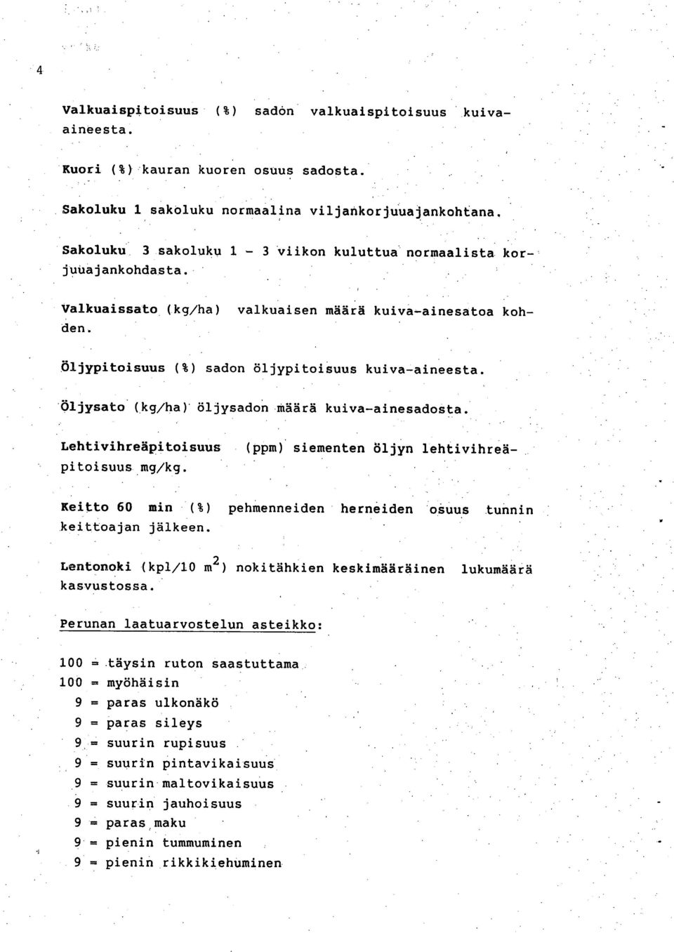 Öljysato (kg/ha) öljysadon määrä kuiva-ainesadosta. Lehtivihreäpitoisuus pitoisuus mg/kg. (ppm) siementen öljyn lehtivihreä- Keitto 6 min (%) pehmenneiden herneiden osuus tunnin keittoajan jälkeen.