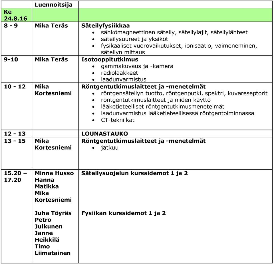 Mika Teräs Isotooppitutkimus gammakuvaus ja -kamera radiolääkkeet laadunvarmistus 10-12 Mika Röntgentutkimuslaitteet ja -menetelmät Kortesniemi röntgensäteilyn tuotto, röntgenputki, spektri,