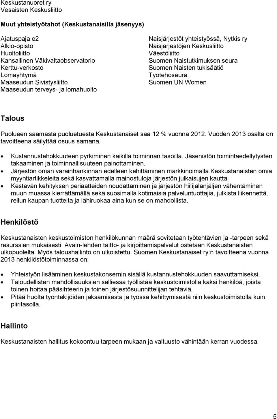 Suomen UN Women Talous Puolueen saamasta puoluetuesta Keskustanaiset saa 12 % vuonna 2012. Vuoden 2013 osalta on tavoitteena säilyttää osuus samana.