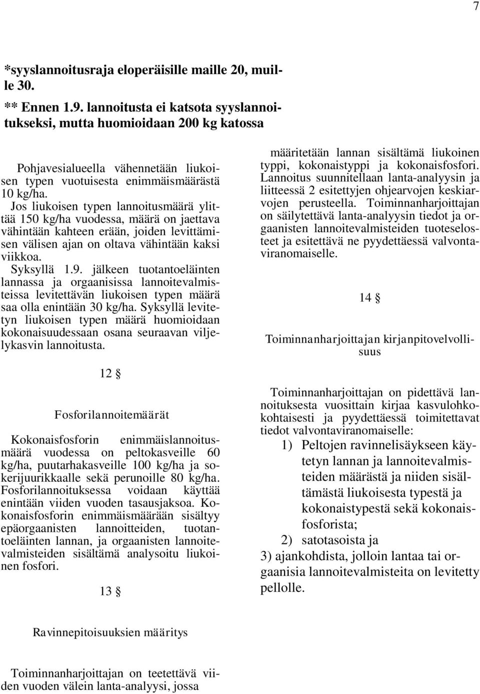 Jos liukoisen typen lannoitusmäärä ylittää 150 kg/ha vuodessa, määrä on jaettava vähintään kahteen erään, joiden levittämisen välisen ajan on oltava vähintään kaksi viikkoa. Syksyllä 1.9.