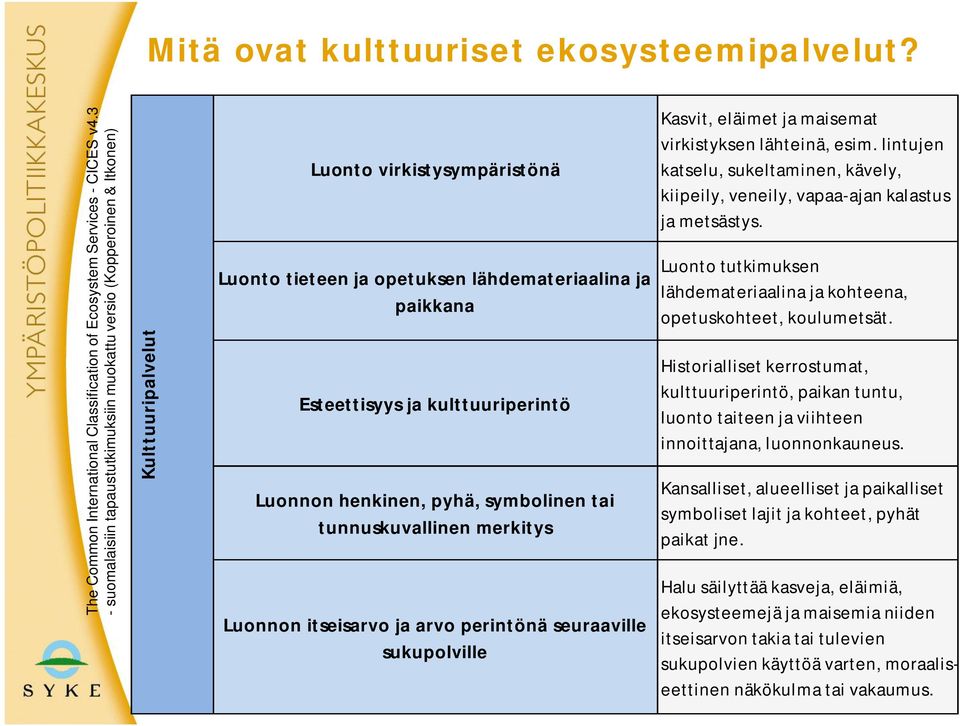 kulttuuriperintö Luonnon henkinen, pyhä, symbolinen tai tunnuskuvallinen merkitys Luonnon itseisarvo ja arvo perintönä seuraaville sukupolville Kasvit, eläimet ja maisemat virkistyksen lähteinä, esim.