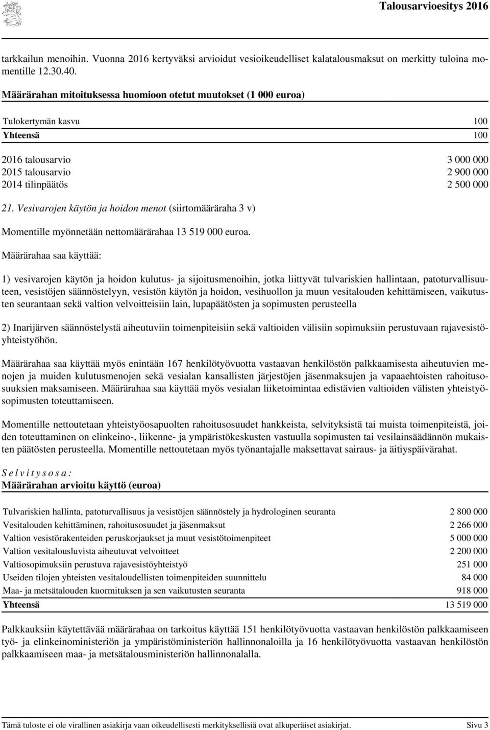 Vesivarojen käytön ja hoidon menot (siirtomääräraha 3 v) Momentille myönnetään nettomäärärahaa 13 519 000 euroa.