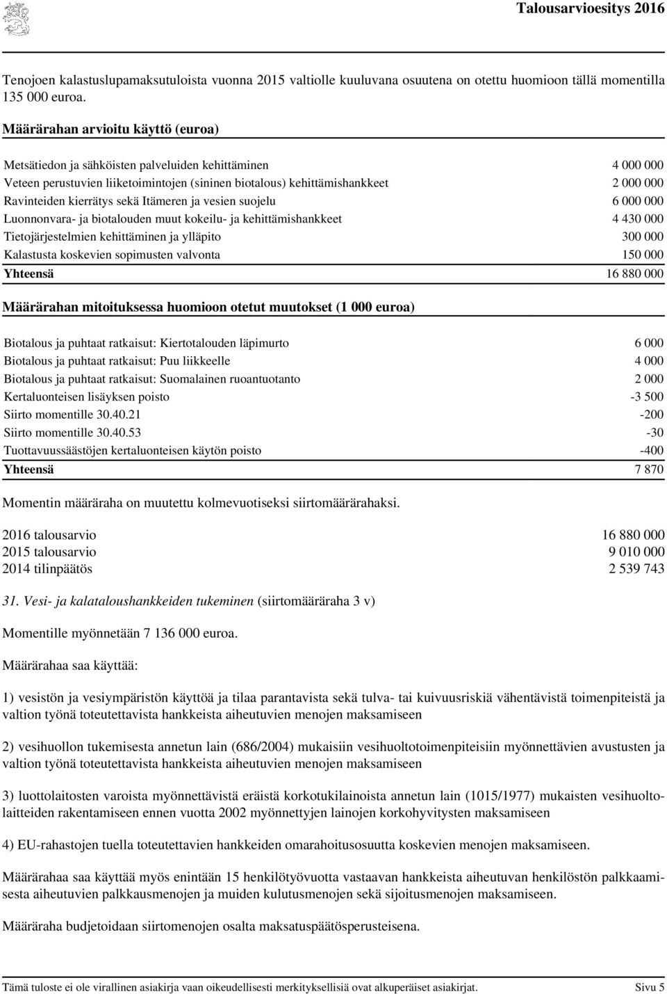 6 000 000 Luonnonvara- ja biotalouden muut kokeilu- ja kehittämishankkeet 4 430 000 Tietojärjestelmien kehittäminen ja ylläpito 300 000 Kalastusta koskevien sopimusten valvonta 150 000 16 880 000