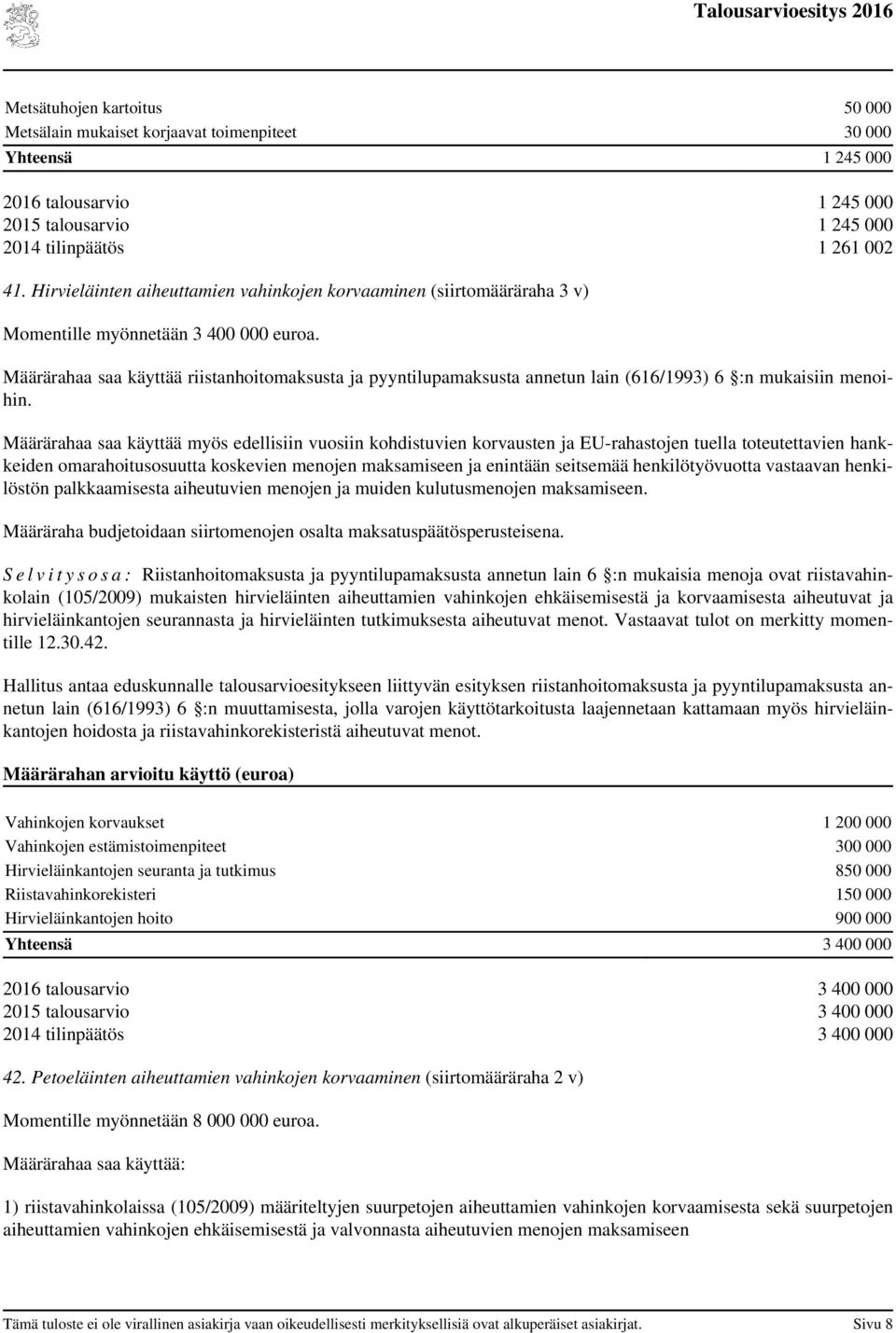 Määrärahaa saa käyttää riistanhoitomaksusta ja pyyntilupamaksusta annetun lain (616/1993) 6 :n mukaisiin menoihin.